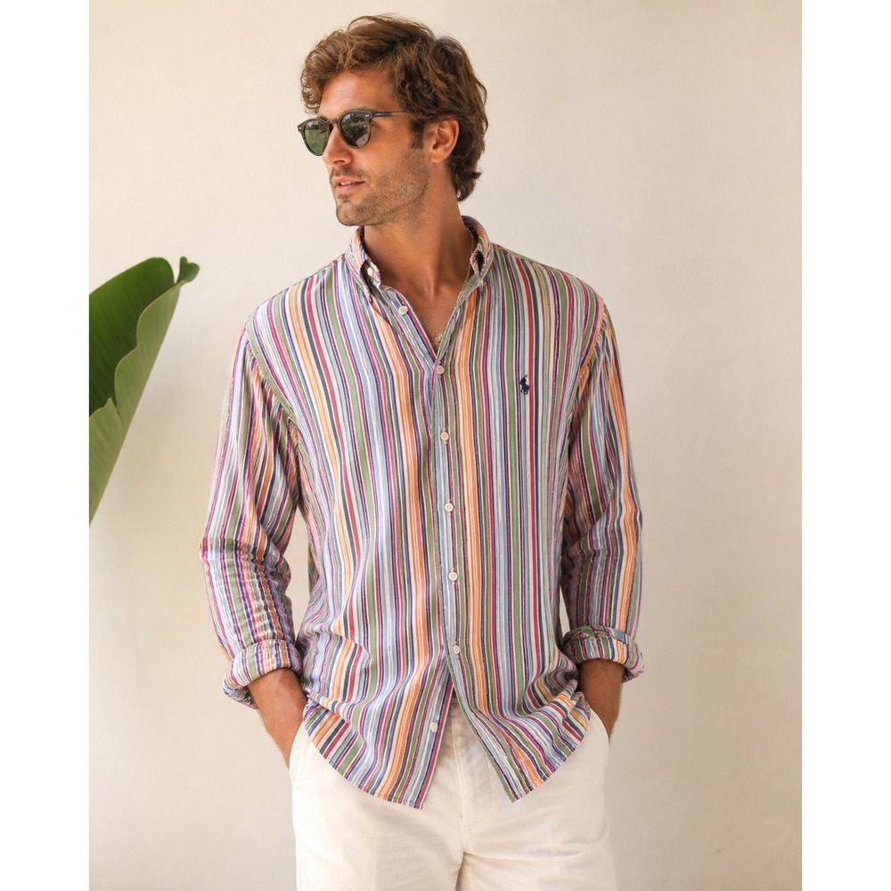 Ralph Lauren Striped Button Down Shirt 16 34/35 Preppy Coastal Resort Old Money